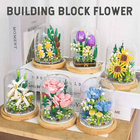 Micro blocs de construction de fleurs pour la décoration intérieure, fleur, lys, rose, tulipes, bouquet, destruction importante, AndrSunflower, mini brique, figurine, jouet avec affichage