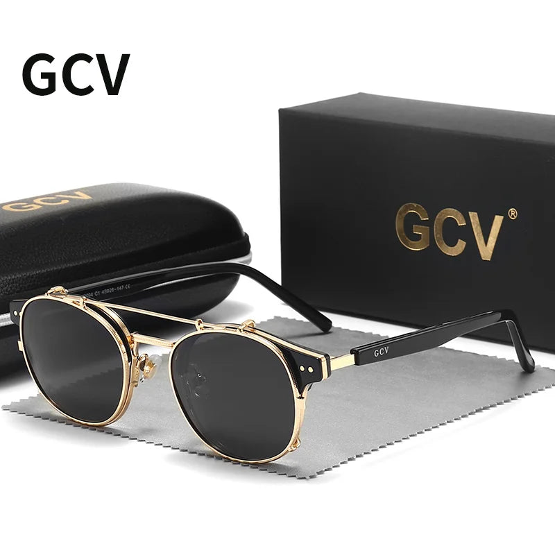 GCV Double couche lentille amovible lunettes de soleil les lunettes Blu-Ray acétate gothique rétro Steampunk polarisées hommes femmes lunettes de soleil