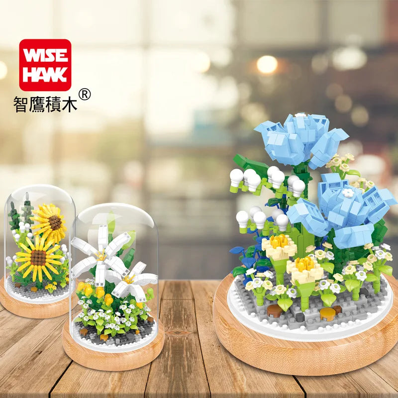 Micro blocs de construction de fleurs pour la décoration intérieure, fleur, lys, rose, tulipes, bouquet, destruction importante, AndrSunflower, mini brique, figurine, jouet avec affichage