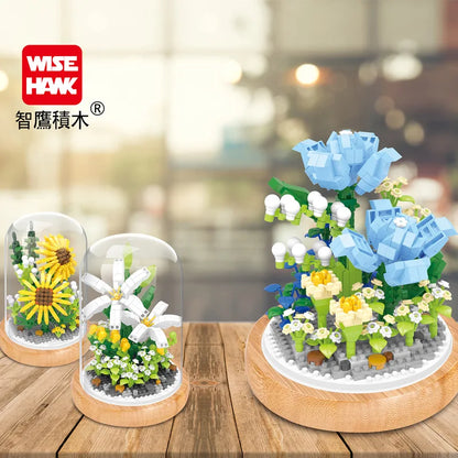 Micro blocs de construction de fleurs pour la décoration intérieure, fleur, lys, rose, tulipes, bouquet, destruction importante, AndrSunflower, mini brique, figurine, jouet avec affichage