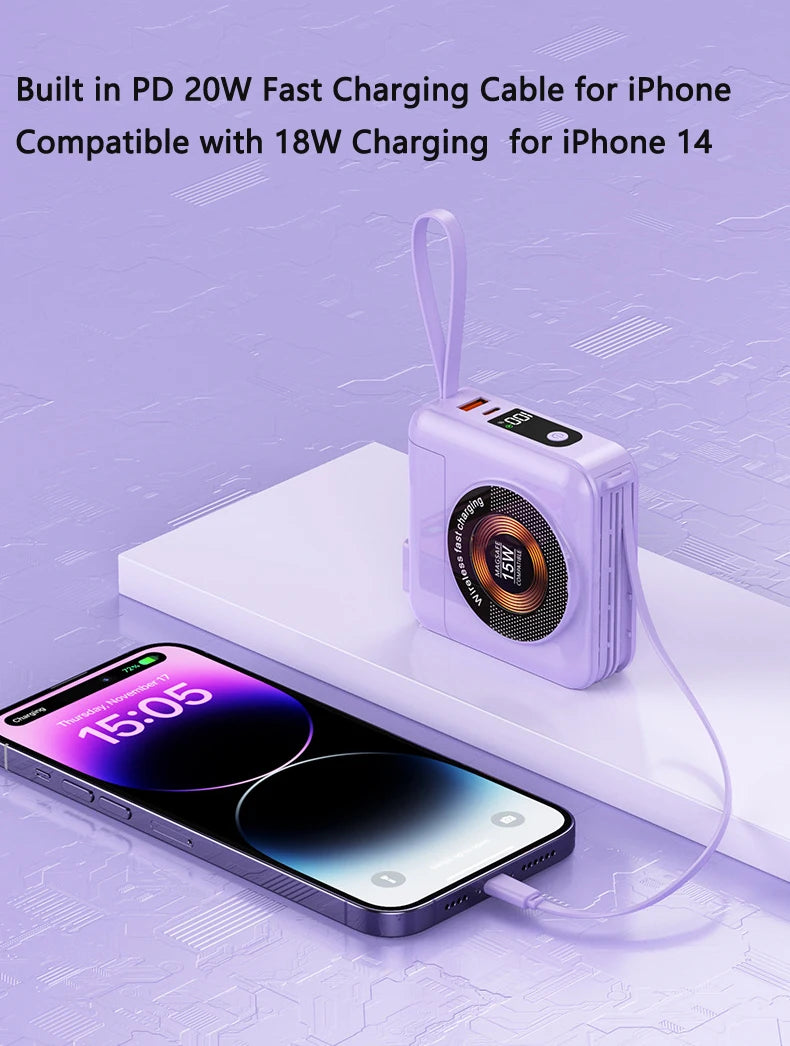 20000mAh Magsafe batterie externe avec câble amovible prise ca chargeur mural 22.5W charge rapide pour iPhone 16 Xiaomi Samsung Powerbank