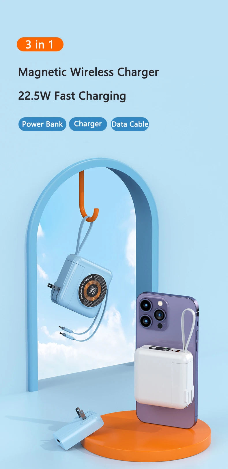 20000mAh Magsafe batterie externe avec câble amovible prise ca chargeur mural 22.5W charge rapide pour iPhone 16 Xiaomi Samsung Powerbank