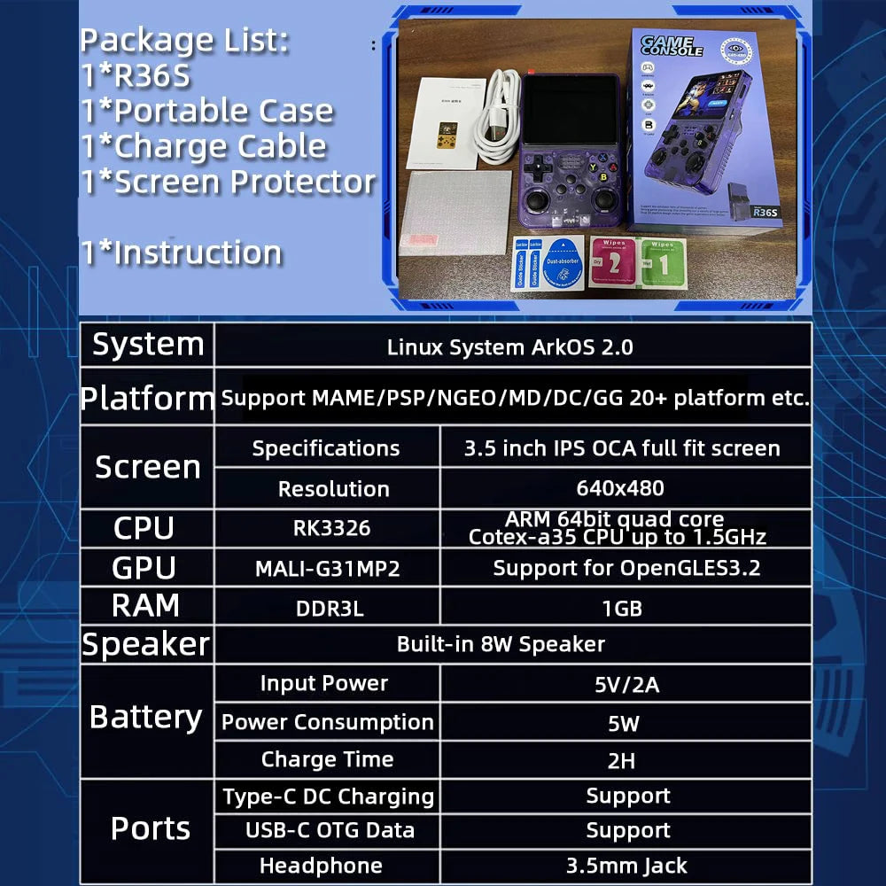 Console de jeu rétro R36S, système Arkos 2.0, carte unique 3.5 pouces, lecteur vidéo de poche portable, 64 Go, 128 Go, 20000 jeux