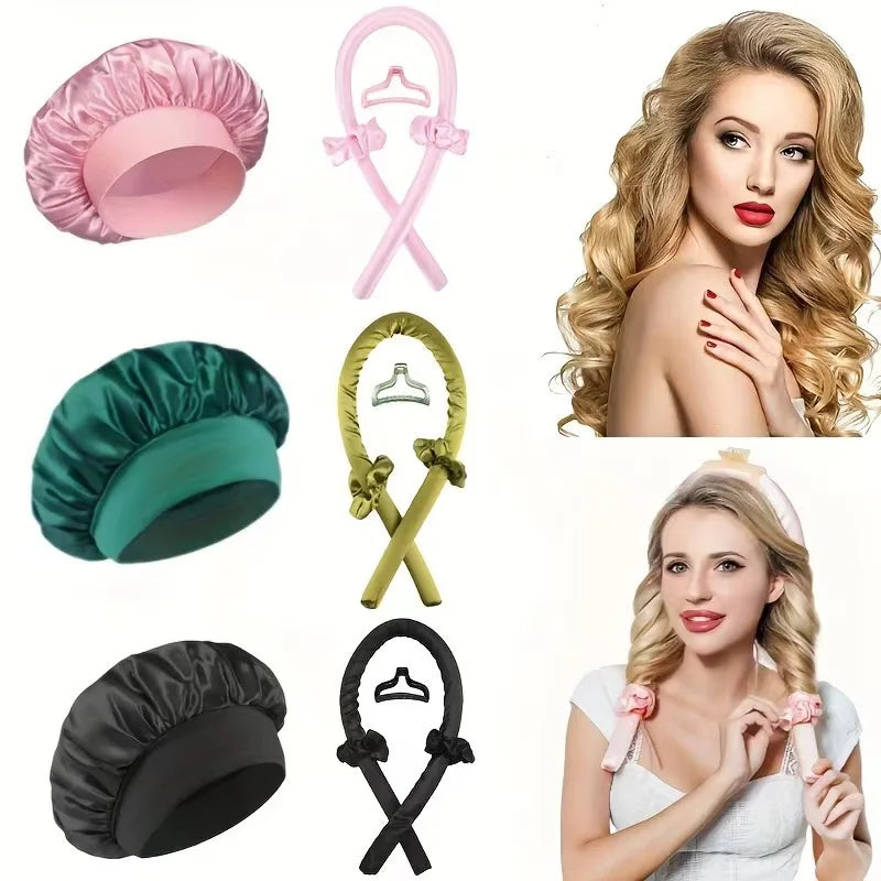 Ensemble de bonnets de couchage en Satin de soie, + 2 bigoudis sans chaleur, couvre-chef pour cheveux bouclés naturels, soins capillaires longs, outil de bouclage ondulé