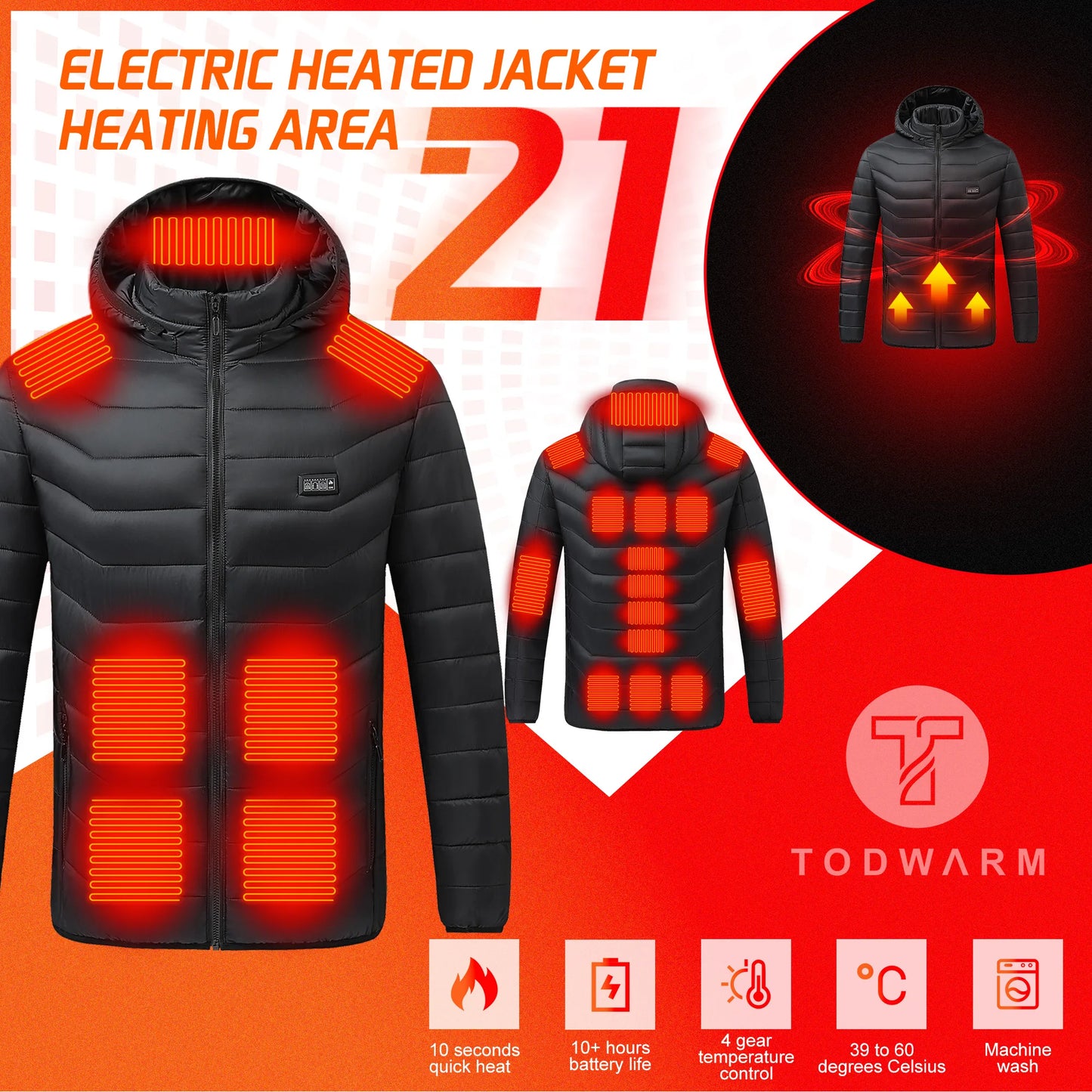 Veste chauffante TODWARM 21 zones hiver hommes femmes veste de Moto USB veste chauffante électrique gilet chauffant Moto thermique