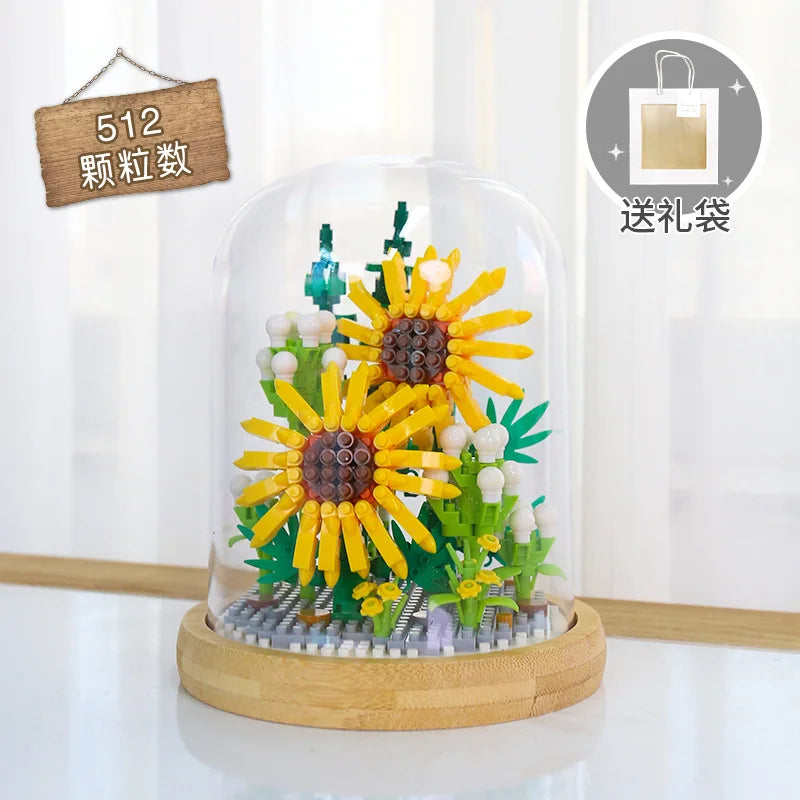 Micro blocs de construction de fleurs pour la décoration intérieure, fleur, lys, rose, tulipes, bouquet, destruction importante, AndrSunflower, mini brique, figurine, jouet avec affichage