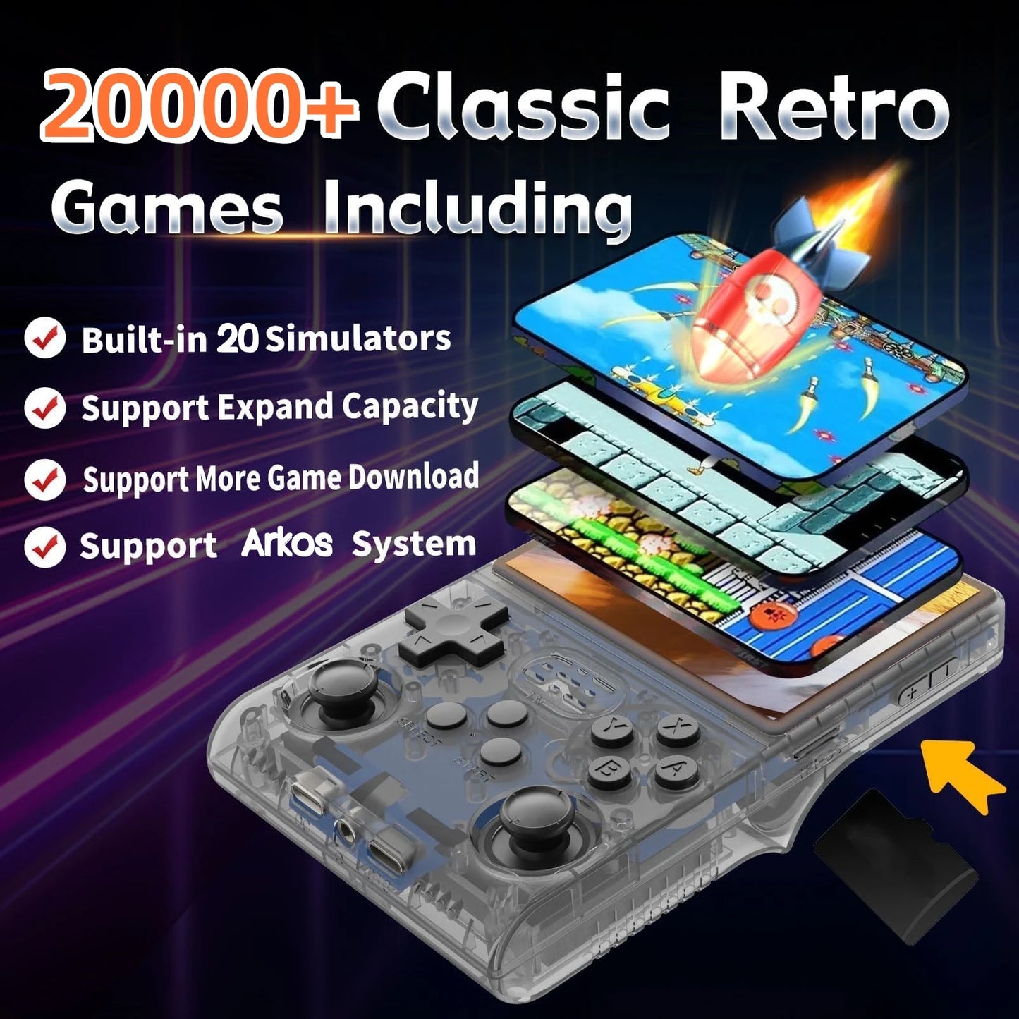 Console de jeu rétro R36S, système Arkos 2.0, carte unique 3.5 pouces, lecteur vidéo de poche portable, 64 Go, 128 Go, 20000 jeux