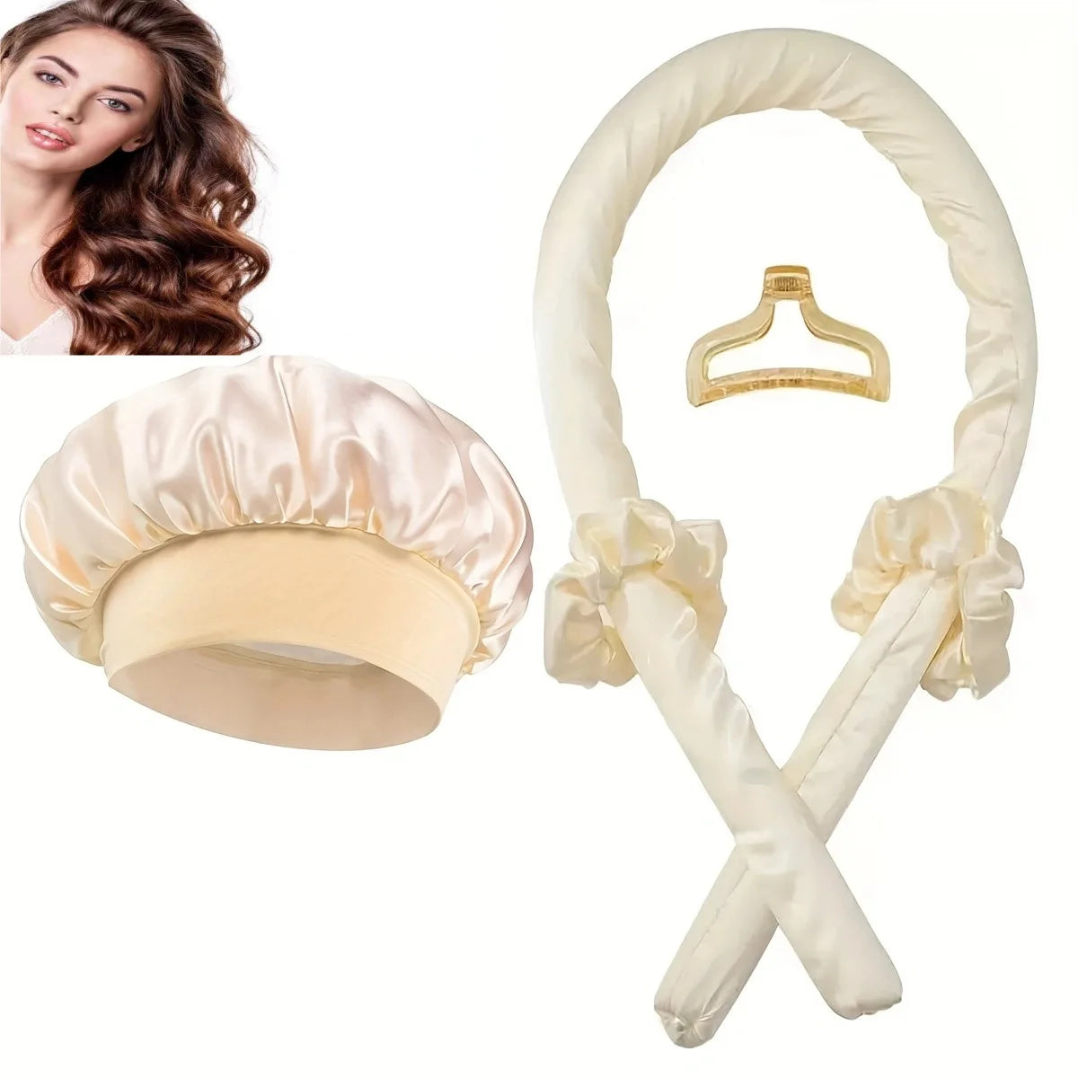 Ensemble de bonnets de couchage en Satin de soie, + 2 bigoudis sans chaleur, couvre-chef pour cheveux bouclés naturels, soins capillaires longs, outil de bouclage ondulé