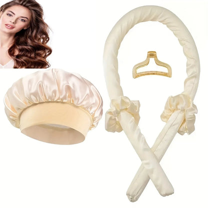 Ensemble de bonnets de couchage en Satin de soie, + 2 bigoudis sans chaleur, couvre-chef pour cheveux bouclés naturels, soins capillaires longs, outil de bouclage ondulé