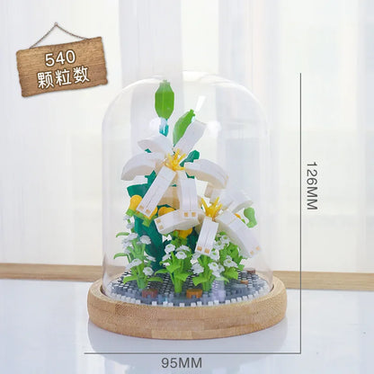 Micro blocs de construction de fleurs pour la décoration intérieure, fleur, lys, rose, tulipes, bouquet, destruction importante, AndrSunflower, mini brique, figurine, jouet avec affichage