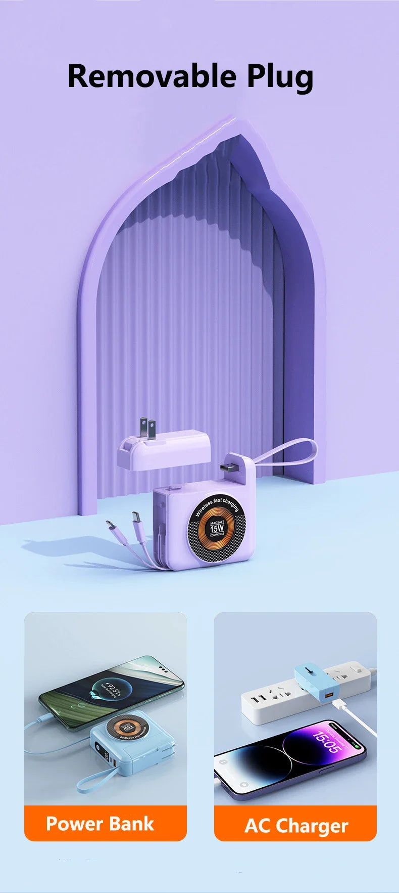 20000mAh Magsafe batterie externe avec câble amovible prise ca chargeur mural 22.5W charge rapide pour iPhone 16 Xiaomi Samsung Powerbank