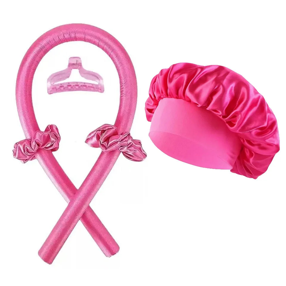 Ensemble de bonnets de couchage en Satin de soie, + 2 bigoudis sans chaleur, couvre-chef pour cheveux bouclés naturels, soins capillaires longs, outil de bouclage ondulé