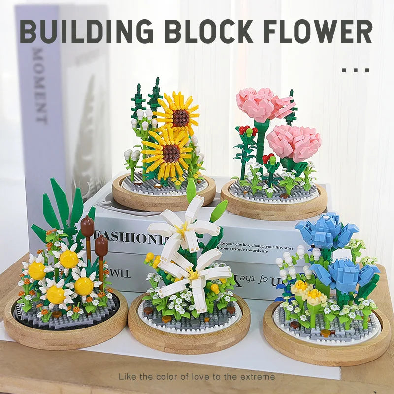 Micro blocs de construction de fleurs pour la décoration intérieure, fleur, lys, rose, tulipes, bouquet, destruction importante, AndrSunflower, mini brique, figurine, jouet avec affichage