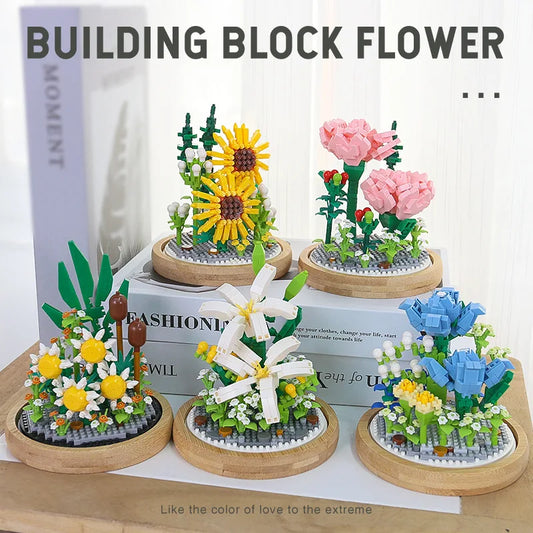 Micro blocs de construction de fleurs pour la décoration intérieure, fleur, lys, rose, tulipes, bouquet, destruction importante, AndrSunflower, mini brique, figurine, jouet avec affichage