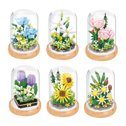 Micro blocs de construction de fleurs pour la décoration intérieure, fleur, lys, rose, tulipes, bouquet, destruction importante, AndrSunflower, mini brique, figurine, jouet avec affichage