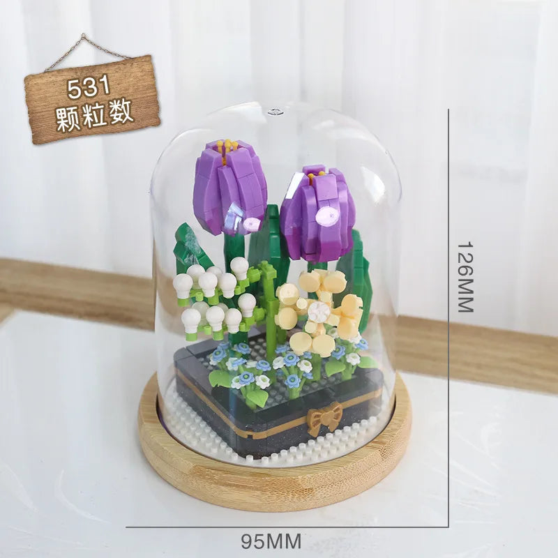 Micro blocs de construction de fleurs pour la décoration intérieure, fleur, lys, rose, tulipes, bouquet, destruction importante, AndrSunflower, mini brique, figurine, jouet avec affichage