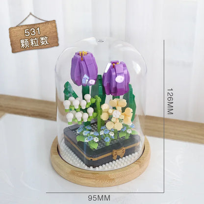 Micro blocs de construction de fleurs pour la décoration intérieure, fleur, lys, rose, tulipes, bouquet, destruction importante, AndrSunflower, mini brique, figurine, jouet avec affichage