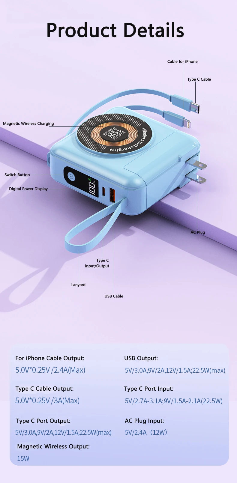 20000mAh Magsafe batterie externe avec câble amovible prise ca chargeur mural 22.5W charge rapide pour iPhone 16 Xiaomi Samsung Powerbank