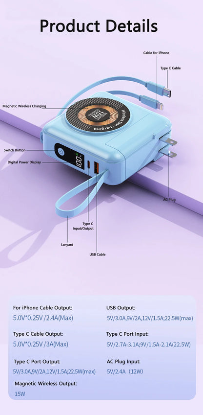 20000mAh Magsafe batterie externe avec câble amovible prise ca chargeur mural 22.5W charge rapide pour iPhone 16 Xiaomi Samsung Powerbank