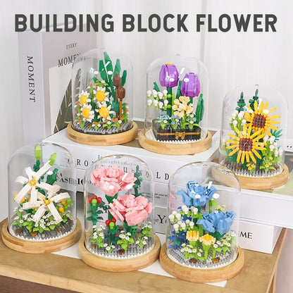 Micro blocs de construction de fleurs pour la décoration intérieure, fleur, lys, rose, tulipes, bouquet, destruction importante, AndrSunflower, mini brique, figurine, jouet avec affichage