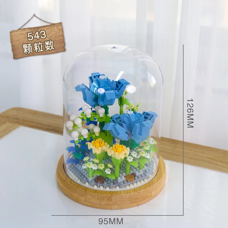 Micro blocs de construction de fleurs pour la décoration intérieure, fleur, lys, rose, tulipes, bouquet, destruction importante, AndrSunflower, mini brique, figurine, jouet avec affichage
